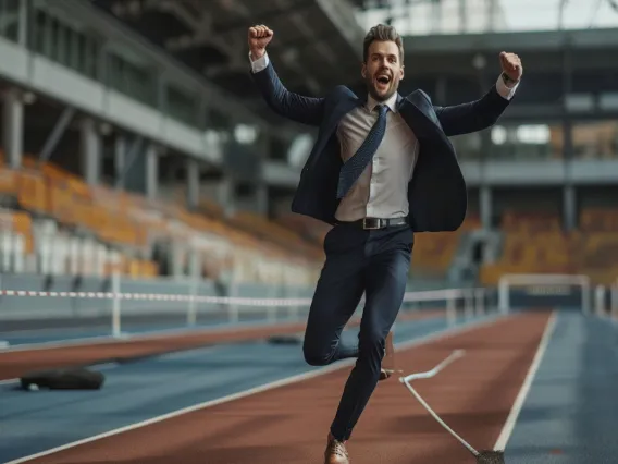 Man running indoors business suit 