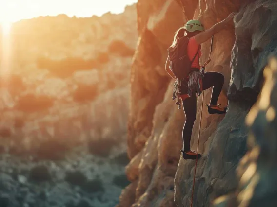 Woman solo rock climbing