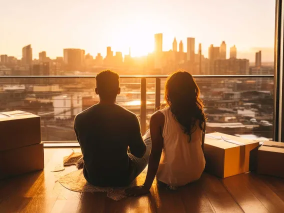 Couple moving starring city skyline