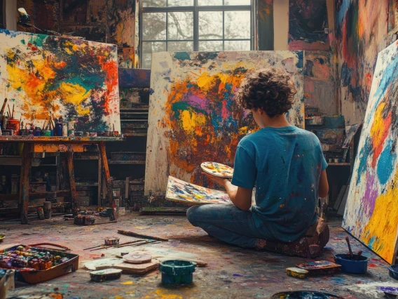 Man sitting around 3 canvases with paint