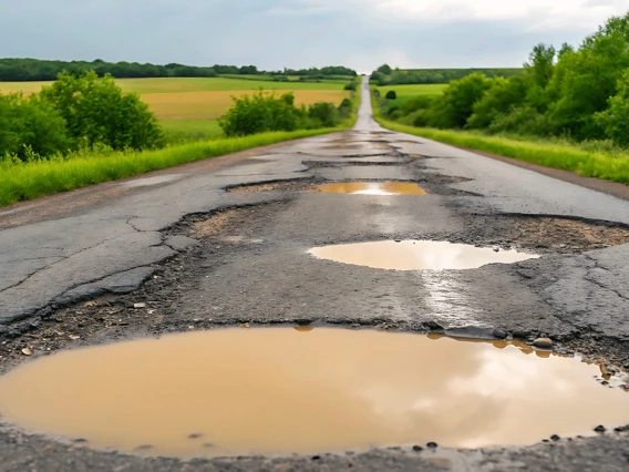 Road with many potholes filled with water